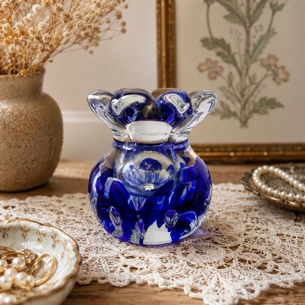 Joe Zimmerman Art Glass Cobalt Blue Bud Vase‎ 1978 Signed Controlled Bubble